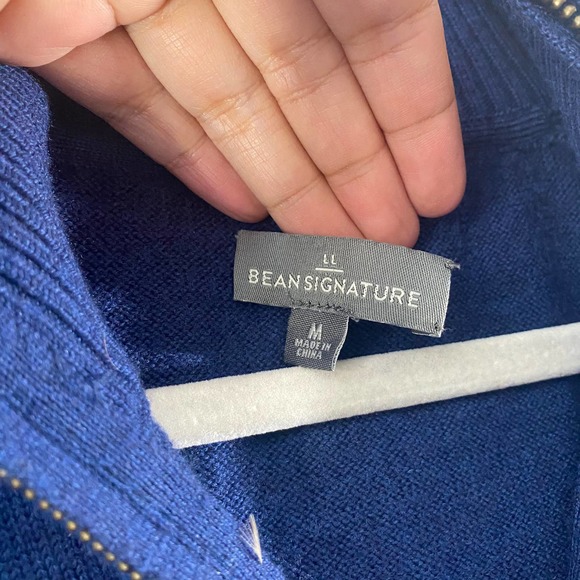 LL Bean Signature Sweater Medium Navy Blue 100% Merino Wool 1/4 Zip Long Sleeve - Picture 7 of 10